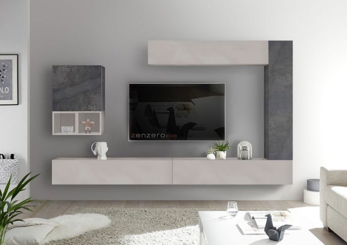Soggiorno Zenzero, parete attrezzata con con ribalte, pensili, cubi e vani a giorno, Piombo e Gesso,  ,ZLCAINFCOMP14