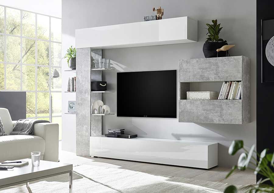 Soggiorno Zenzero, parete attrezzata moderna con pensili, Bianco Laccato Lucido e Beton, ZCRPATTBIBE