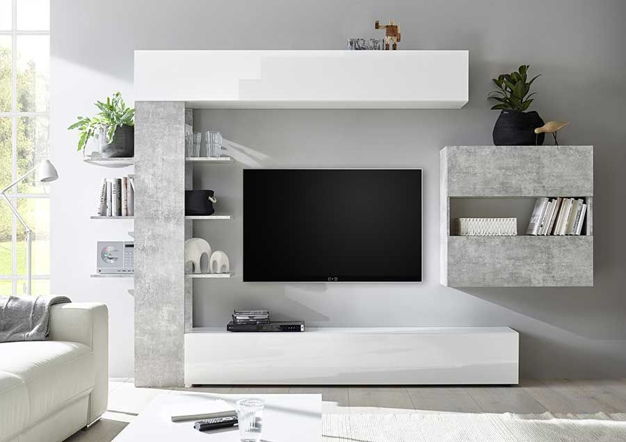 Soggiorno Zenzero, parete attrezzata moderna con pensili, Bianco Laccato Lucido e Beton, ZCRPATTBIBE