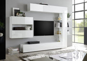 Soggiorno Zenzero, parete attrezzata moderna con pensili, libreria e vano a giorno, Bianco Laccato Lucido, ZCRPATTBI