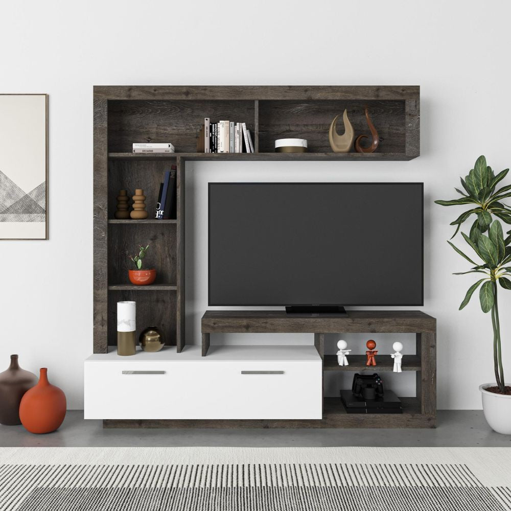 Parete attrezzata Leo 171x42x171 colore dark coffe bianco