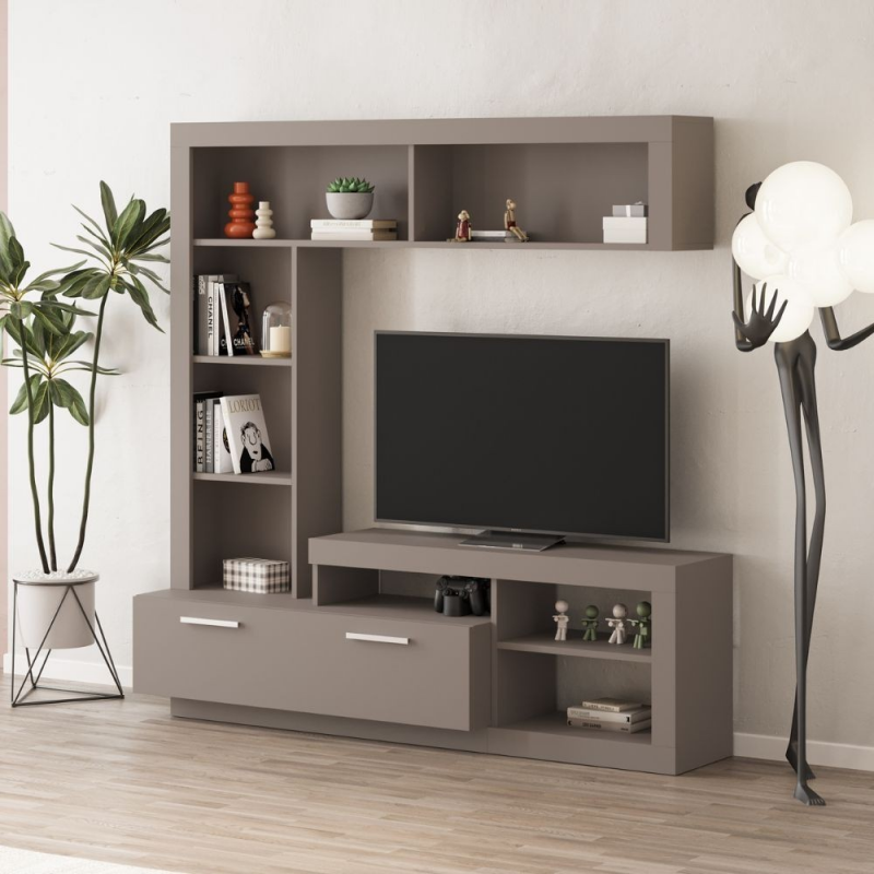 Parete attrezzata Leo con nicchia a giorno e anta a ribalta colore light mocha