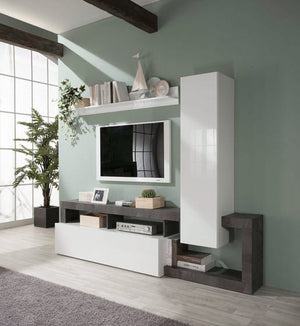 Parete attrezzata con 1 pensile verticale, una ribalta e una mensola in finitura bianco laccato lucido e ossido, ZLCHN1P1RBO