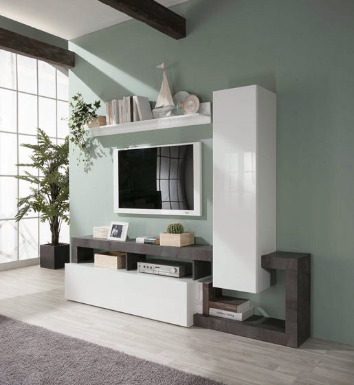 Parete attrezzata con 1 pensile verticale, una ribalta e una mensola in finitura bianco laccato lucido e ossido, ZLCHN1P1RBO