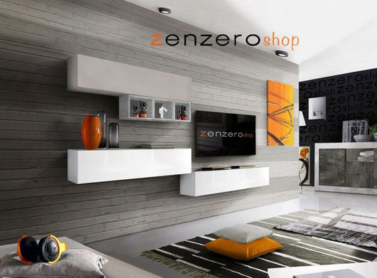 Parete moderna di design,Bianco Lucido, Beton e Gesso Z, LCAINFCOMP44