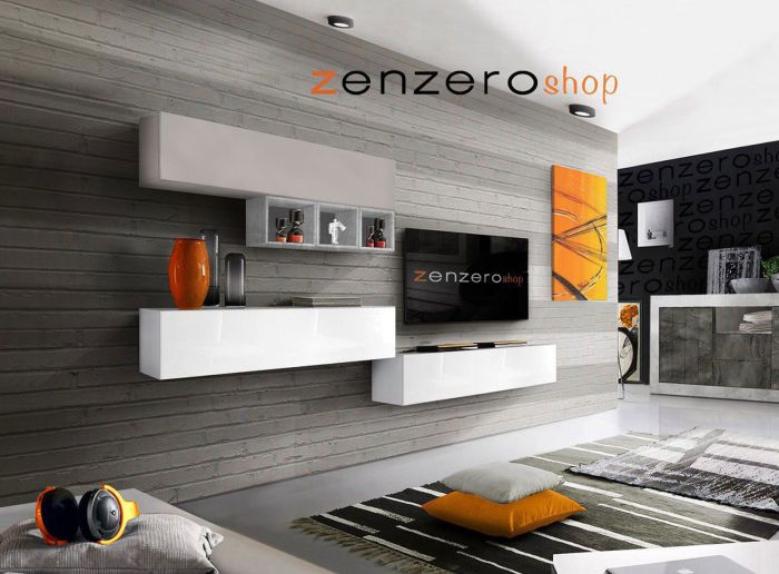 Parete moderna di design,Bianco Lucido, Beton e Gesso Z, LCAINFCOMP44