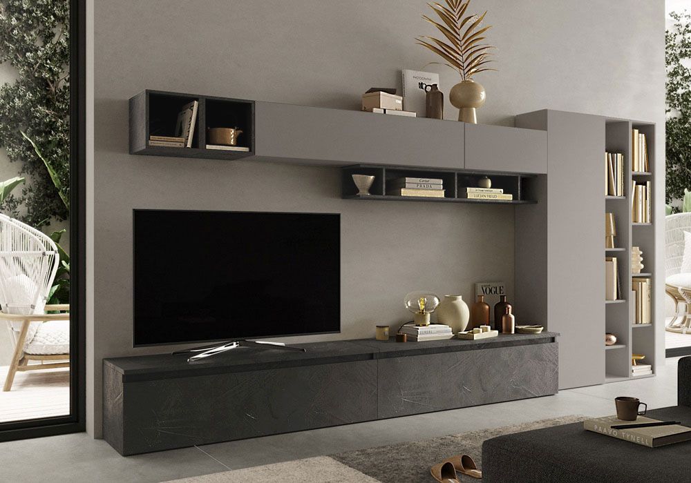 Parete Attrezzata moderna di grandi dimensioni L.387 cm, finitura Ardesia e Piombo ZLCINFNCOMPN43