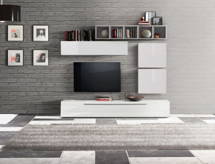 Design parete soggiorno Zenzero, parete attrezzata moderna e di design, Bianco Lucido e vani Beton, ZLCCBBIROGV2