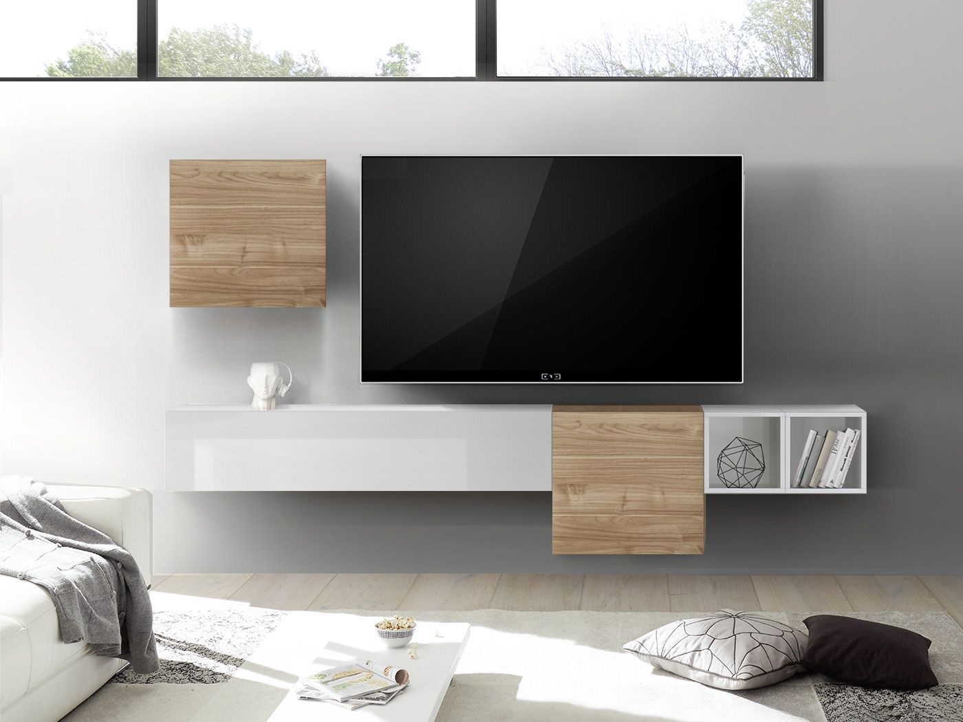 Parete attrezzata sospesa, finitura Bianco Laccato Lucido e Noce Stelvio ZLCAINFCOMPNW2-STE-1