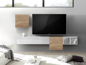 Parete attrezzata sospesa, finitura Bianco Laccato Lucido e Noce Stelvio ZLCAINFCOMPNW2-STE-1