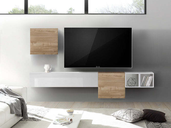 Parete attrezzata sospesa, finitura Bianco Laccato Lucido e Noce Stelvio ZLCAINFCOMPNW2-STE-1