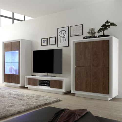 Credenza moderna alta Bianco Opaco e Cognac, ZLCSKY-MBCO