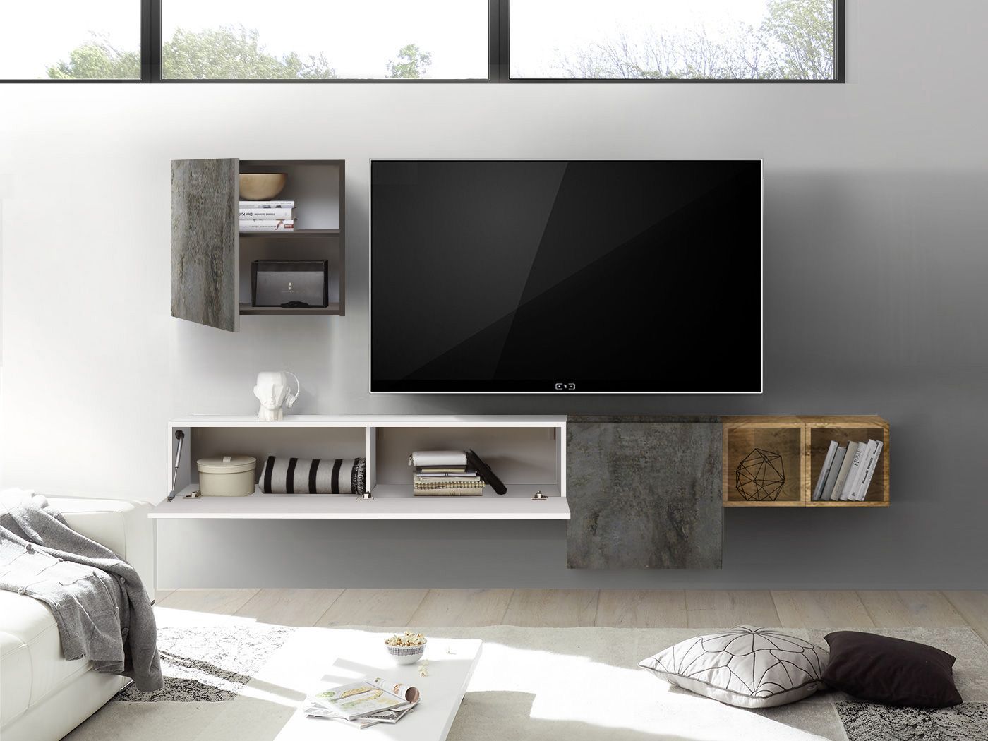 Parete attrezzata sospesa Bianco Lucido, Miele e Ossido ZLCAINFCOMPNW2-OS1