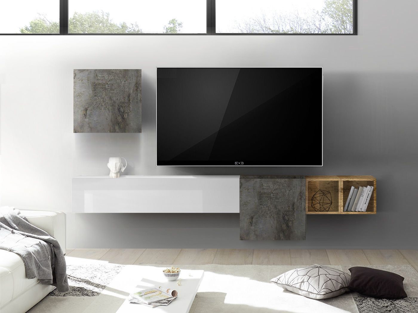 Parete attrezzata sospesa Bianco Lucido, Miele e Ossido ZLCAINFCOMPNW2-OS1