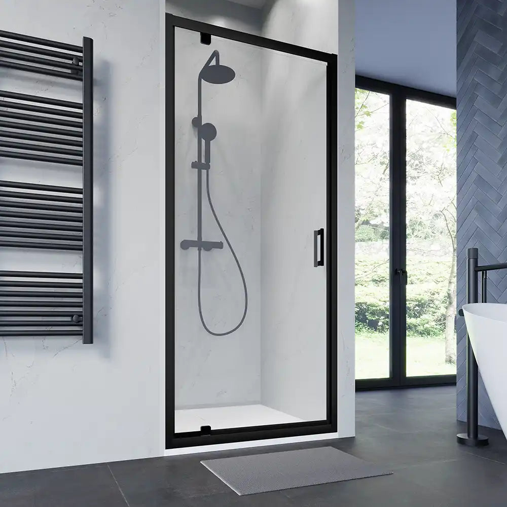 Porta doccia 80 cm apertura a battente profili neri opachi vetro trasparente | Apulia