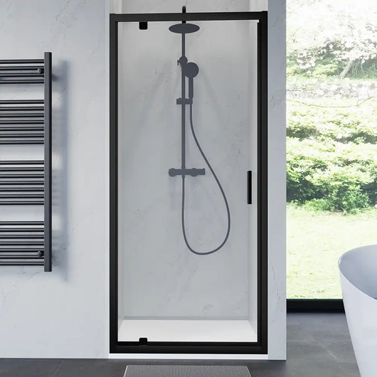 Porta doccia 80 cm apertura a battente profili neri opachi vetro trasparente | Apulia