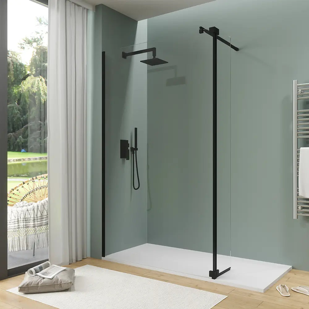 Doccia walk-in 70cm + anta 30cm vetro 8mm trasparente profili neri | Keros