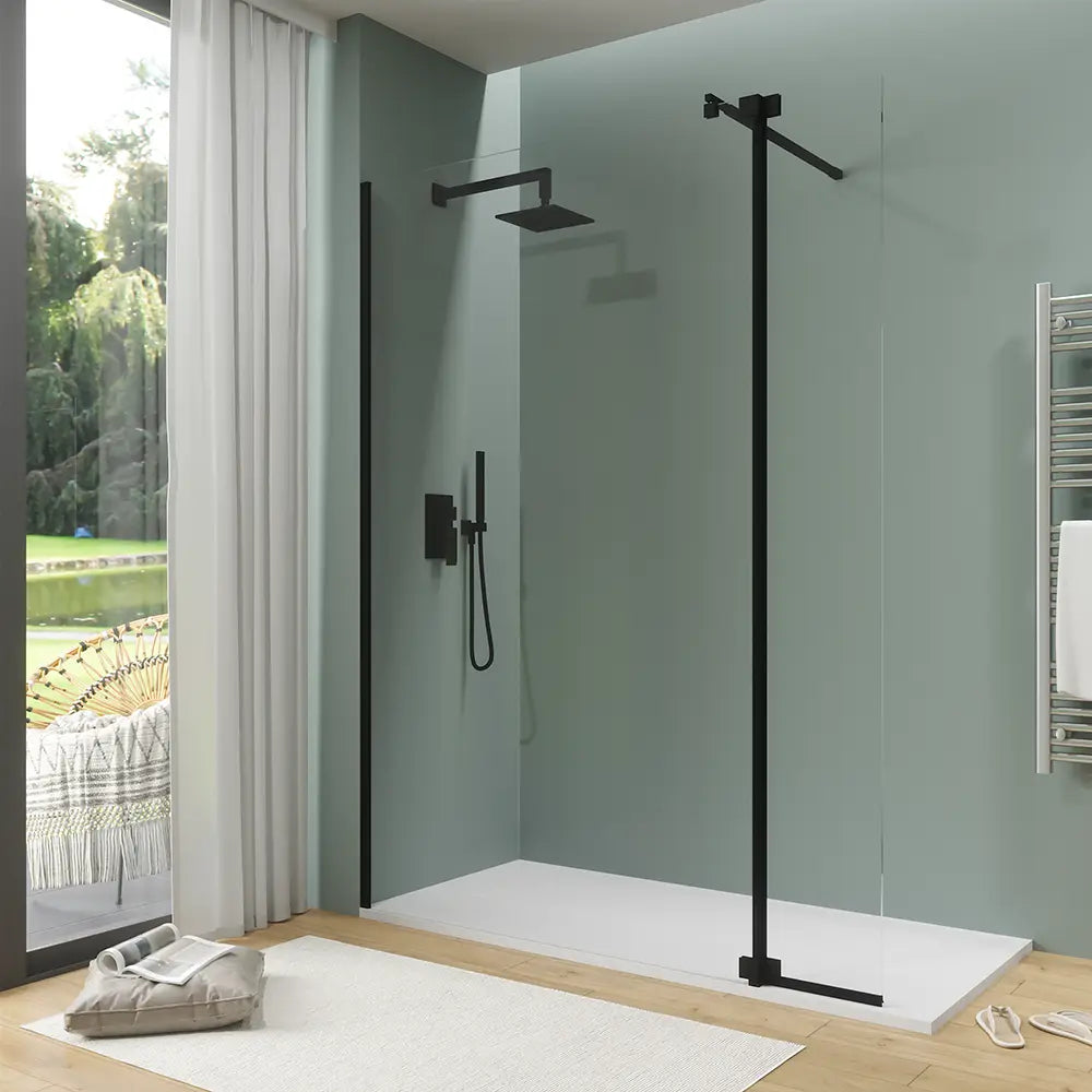 Doccia walk-in 70cm + anta 30cm vetro 8mm trasparente profili neri | Keros