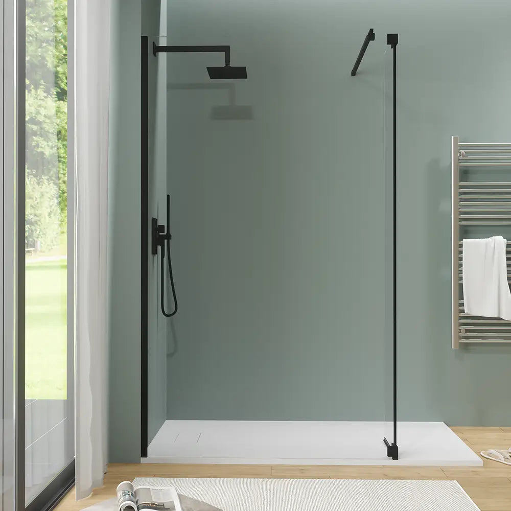 Doccia walk-in 150cm + anta 30cm vetro 8mm trasparente profili neri | Keros