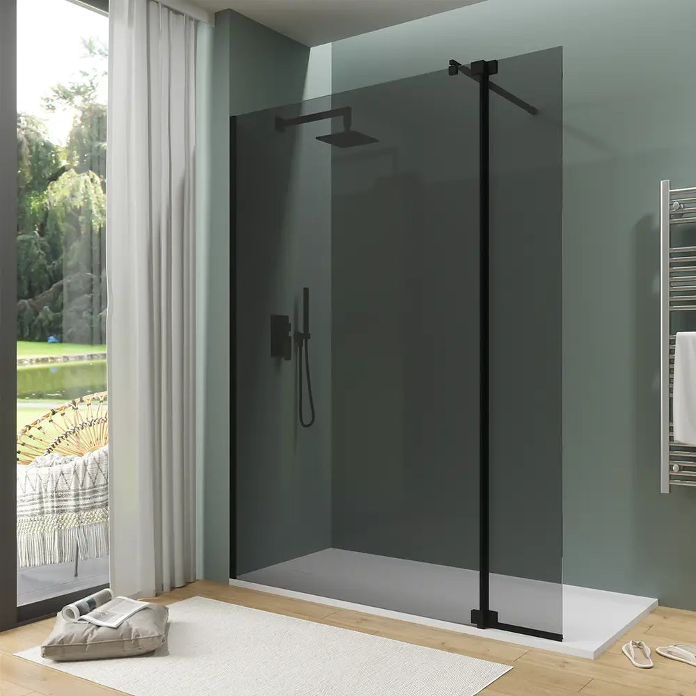 Doccia walk-in 130cm + anta 30cm vetro 8mm fumé profili neri | Keros