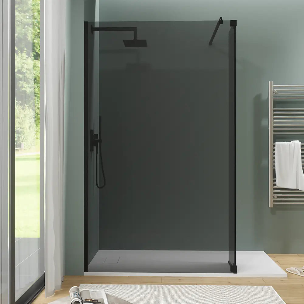 Doccia walk-in 140cm + anta 30cm vetro 8mm fumé profili neri | Keros