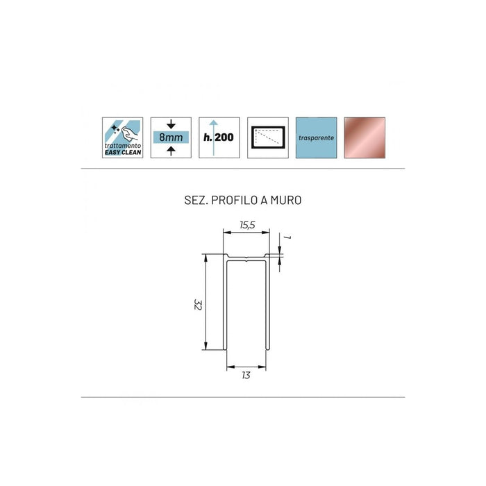 Parete doccia walkin anticalcare 8mm h200 profilo oro rosa lucido gardenia, dimensioni 140cm