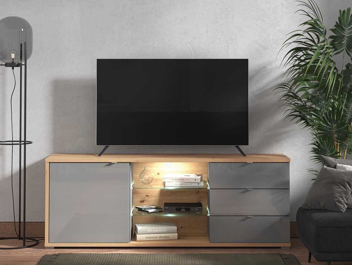 Mobile tv con cassetti, due ripiani 1 anta, finitura Rovere e vetro Grigio ZFM38311011