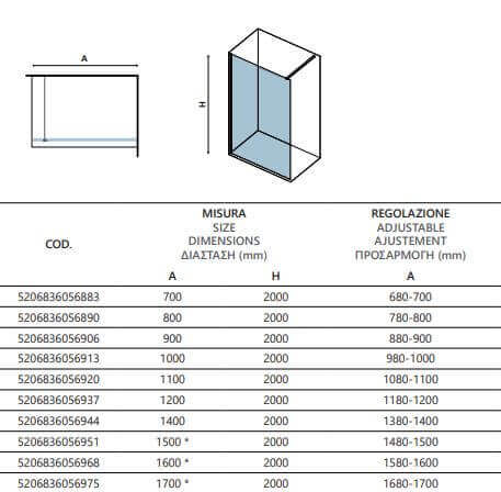 Parete Walkin Trasparente 8mm Anticalcare Profili Bianco Opaco H200cm - 160 cm