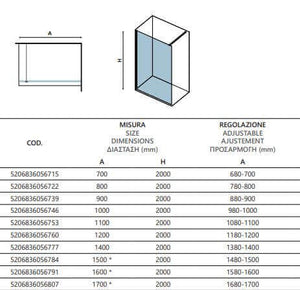Parete Walkin Trasparente 8mm Anticalcare H200 Profili Color Oro - 170 cm