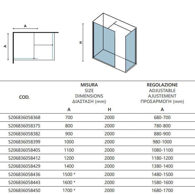Doccia Walk in Due Pareti H200cm Trasparente 8mm Anticalcare - 110cm - 150cm