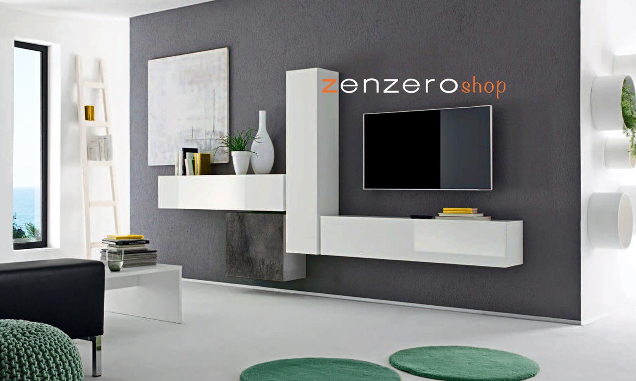 Parete attrezzata composta da pensili Bianco lucido, Ossido e Beton, ZLCIFCOMP47