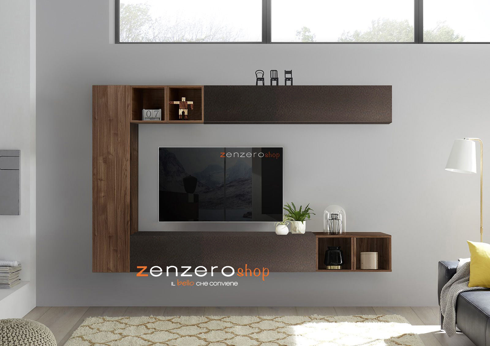 Parete attrezzata vendita online, Soggiorno Zenzero in finitura Lava e Noce dark,ZLCAINFCOMP4