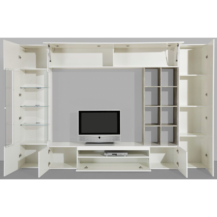 Parete soggiorno Egypt – 290x191x40cm – Bianco Lucido e Cemento