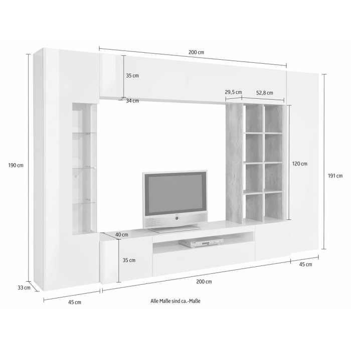 Parete soggiorno Egypt – 290x191x40cm – Bianco Lucido e Cemento