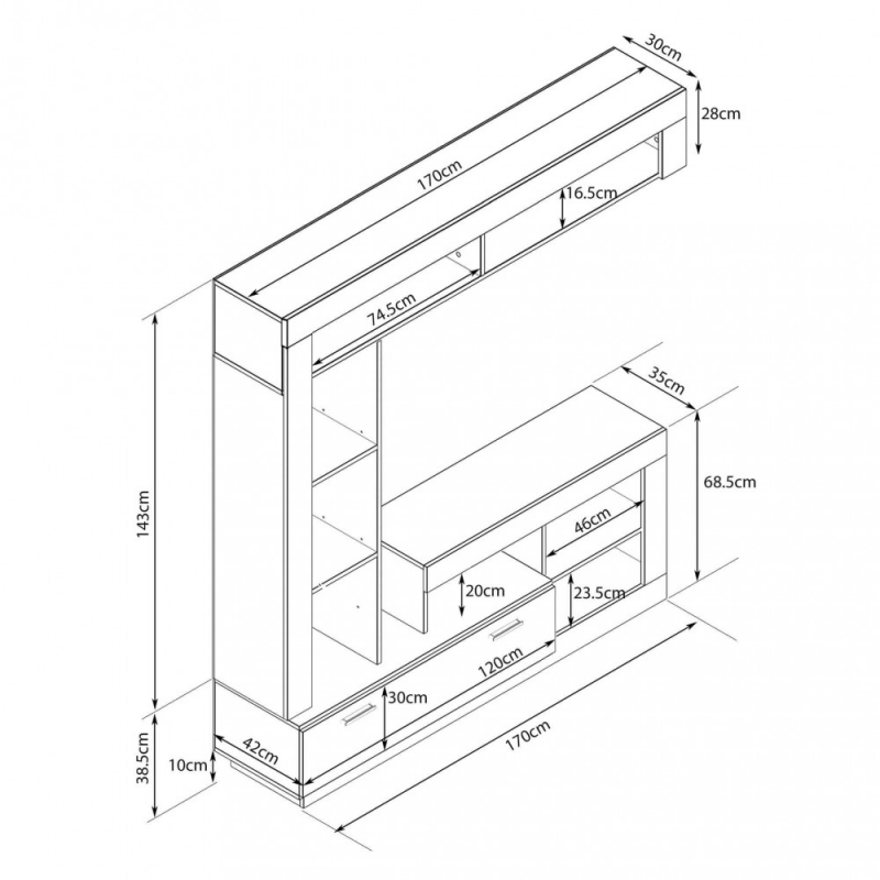 PARETE SOGGIORNO LEONARD PINO CHIARO E GRIGIO