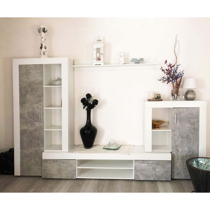 PARETE SOGGIORNO NOBEL BIANCO E GRIGIO EFFETTO CEMENTO