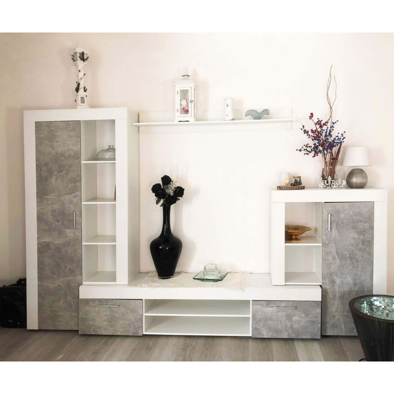 PARETE SOGGIORNO NOBEL BIANCO E GRIGIO EFFETTO CEMENTO