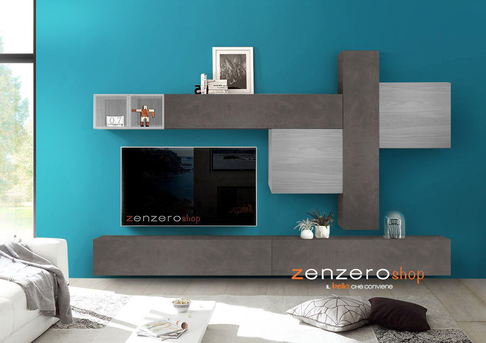 Parete soggiorno Zenzero, parete attrezzata Piombo e Grigio Artico, ZLCAINFCOMP13
