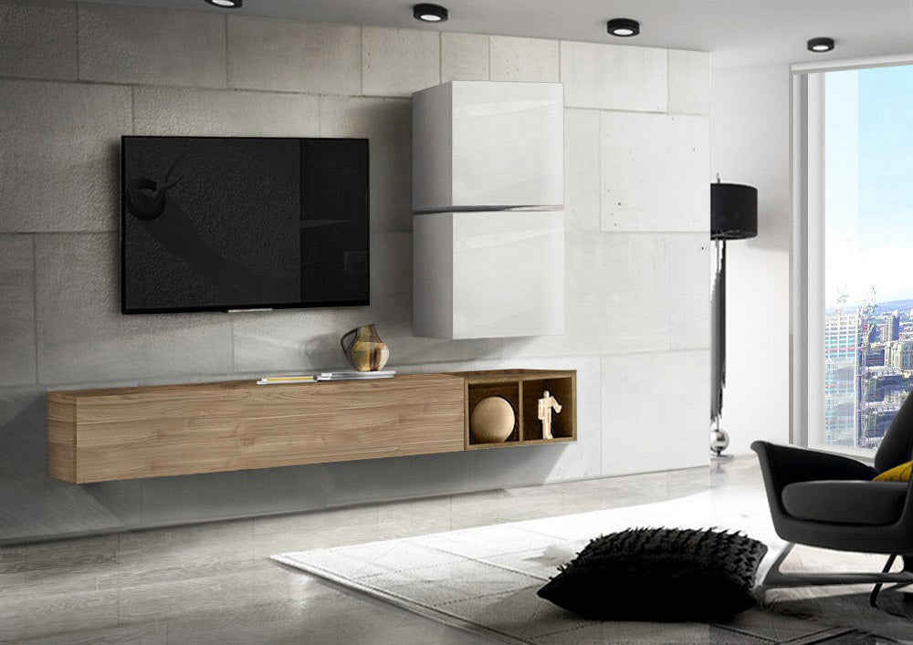 Parete soggiorno moderna, Rovere stelvio, miele e cubi bianchi lucidi ZLCPA04