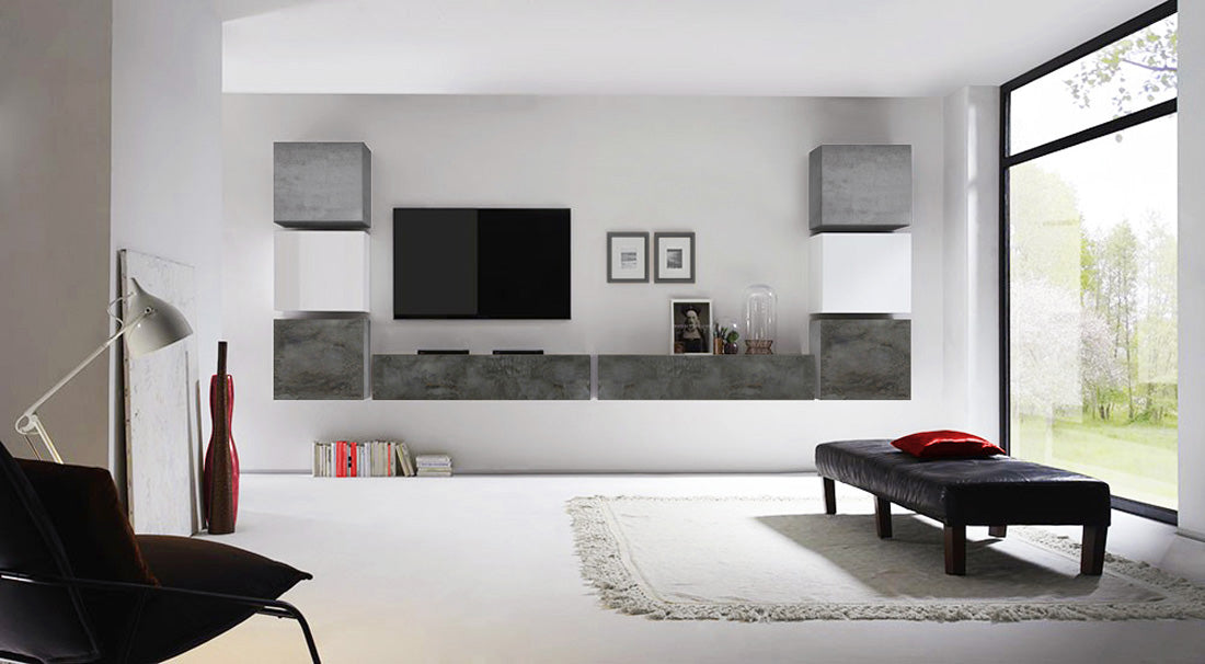 Parete attrezzata con 2 ribalte e 6 cubi, finitura bianco lucido, ossido e beton, ZLCIFCOMP46