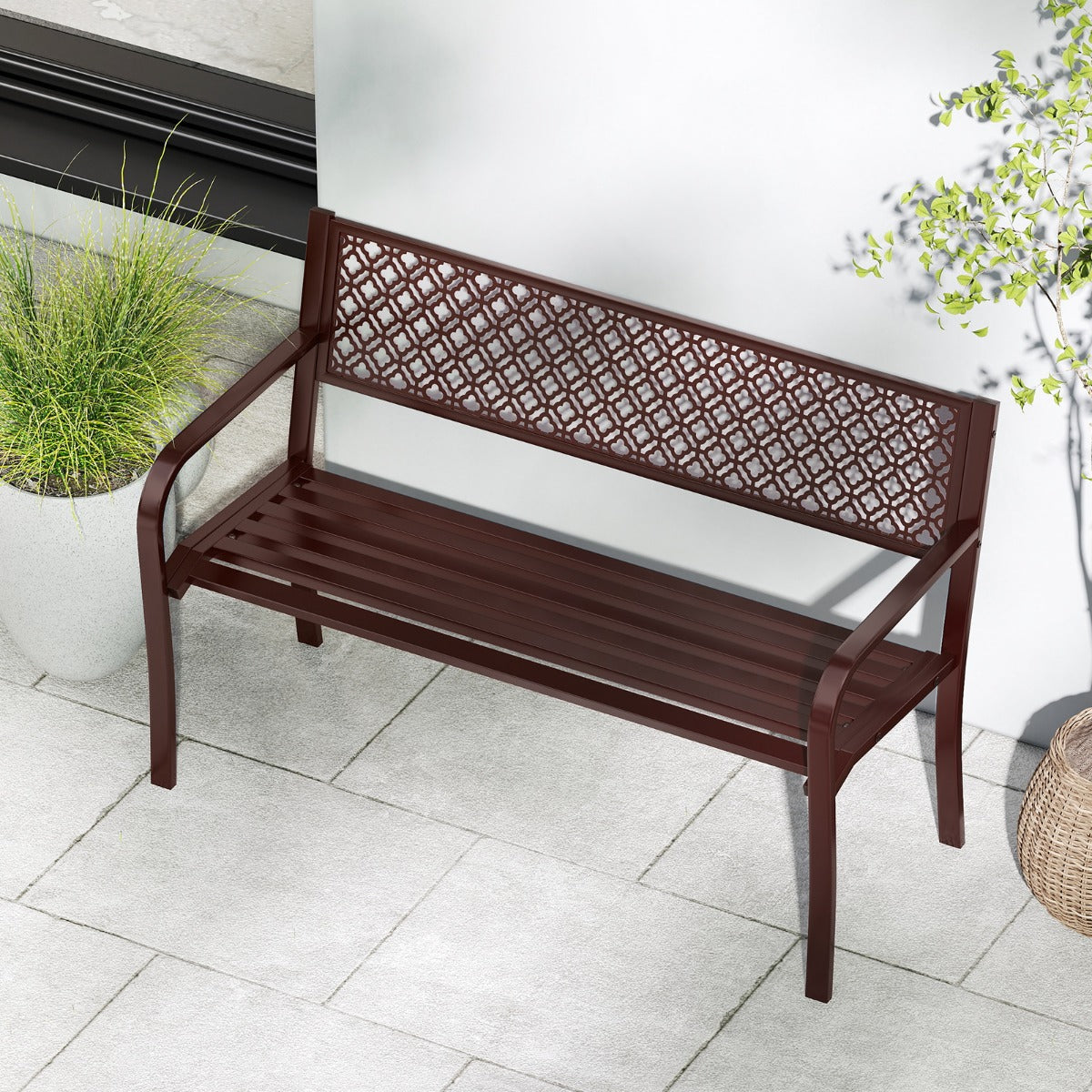 Panca da giardino da 127 cm per esterni panca in metallo, Schienale motivo geometrico Bronzo-Panchine