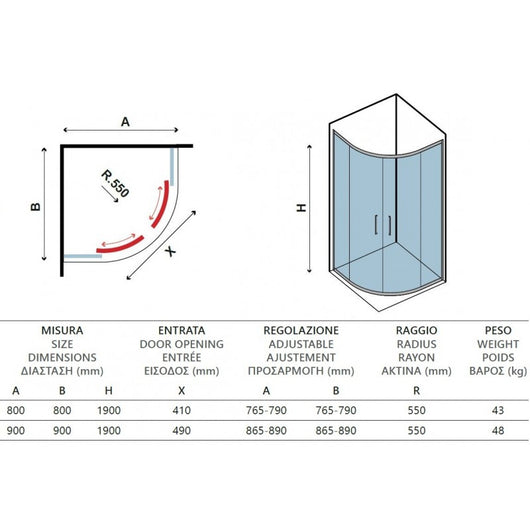 Pareti doccia in vetro opaco 1/4 cerchio FLORA 200 90x90 x190 cm