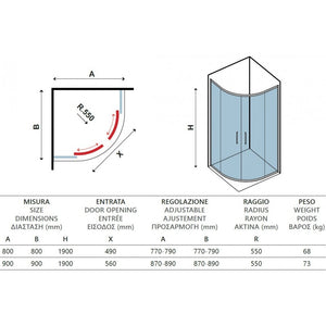 Pareti doccia 1/4 cerchio INOX 200 80x80 H. 190 cm