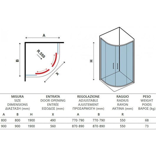 Pareti doccia 1/4 cerchio INOX 200 90x90 H. 190 cm
