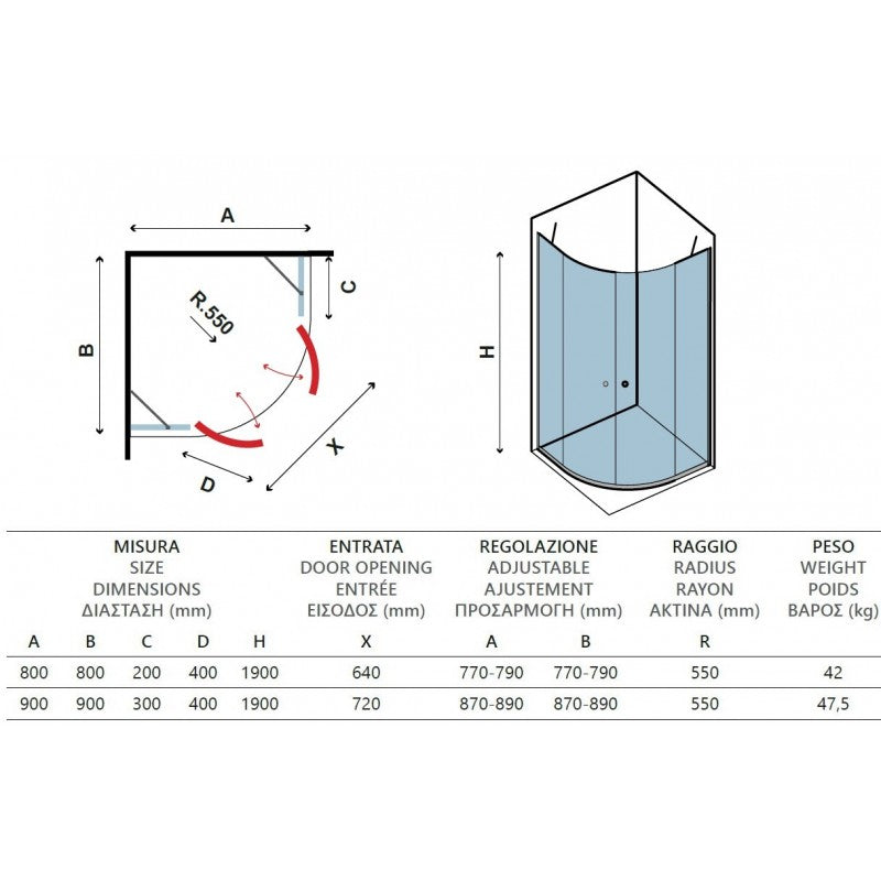 Pareti doccia 1/4 cerchio PANEX 200 90x90 x190 cm