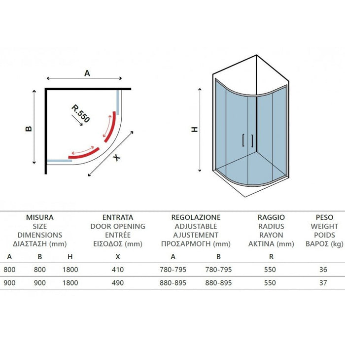 Pareti doccia serigrafate 1/4 cerchio NEW FLORA 200 90x90 x180 cm