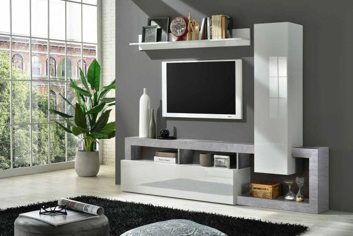 Soggiorno moderno di design composto da parete attrezzata e madia a 2 ante in finitura bianco e Cemento ZLCHNSOG33-CE