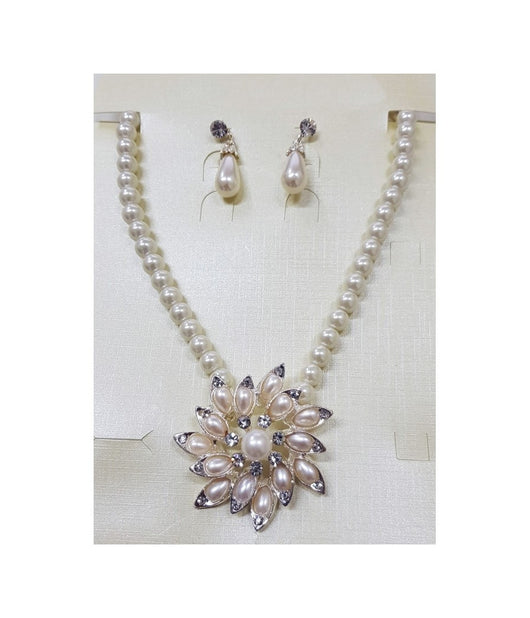 Parure Collana Perle Con Ciondolo Fiore Orecchini Strass Brillantini Bigiotteria         