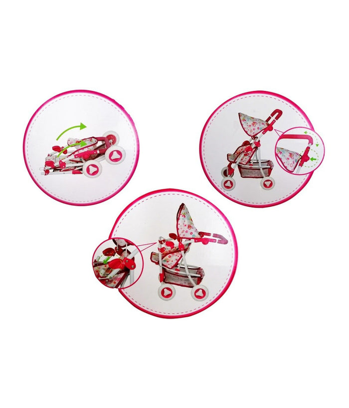 Passeggino Giocattolo Per Bambola 60cm Rosa Carrozzino Metallo Richiudibile         