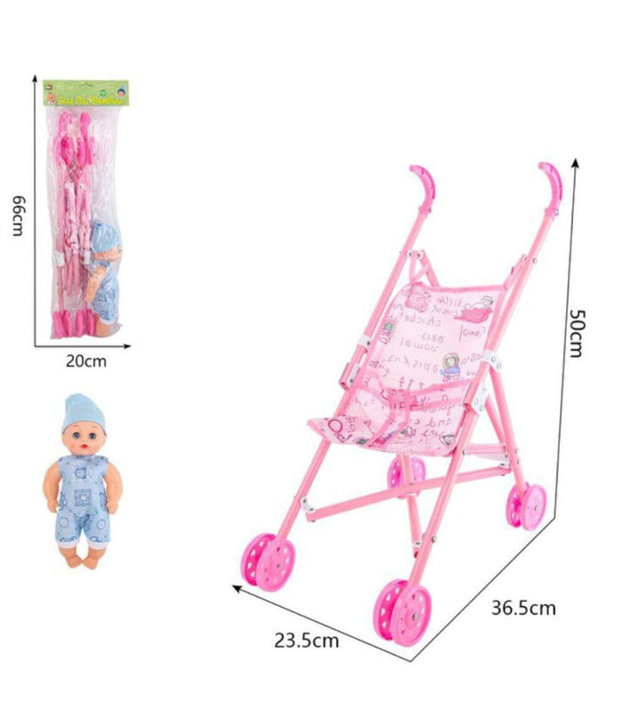 Passeggino Per Bambine Con Bambolotto Carrozzino Pieghevole Gioco Per Bambini         